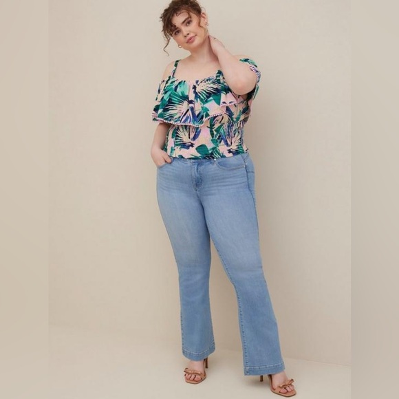 NWT Torrid Crinkle Gauze Cold Shoulder Ruffle Top in Floral Taupe Size 1 1X - Picture 4 of 5